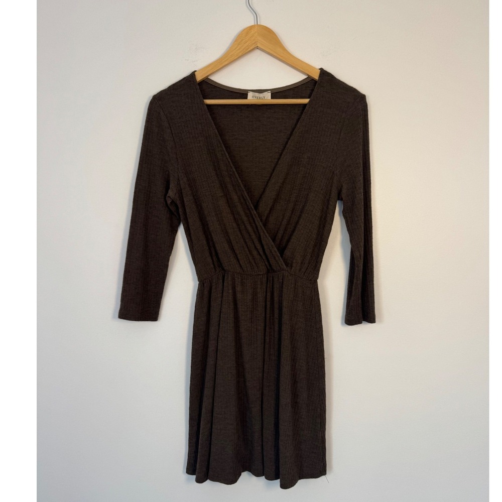 Cottagecore Everly‎ Women S Mini Dress Brown Ribbed Knit Surplice 3/4 Sleeve